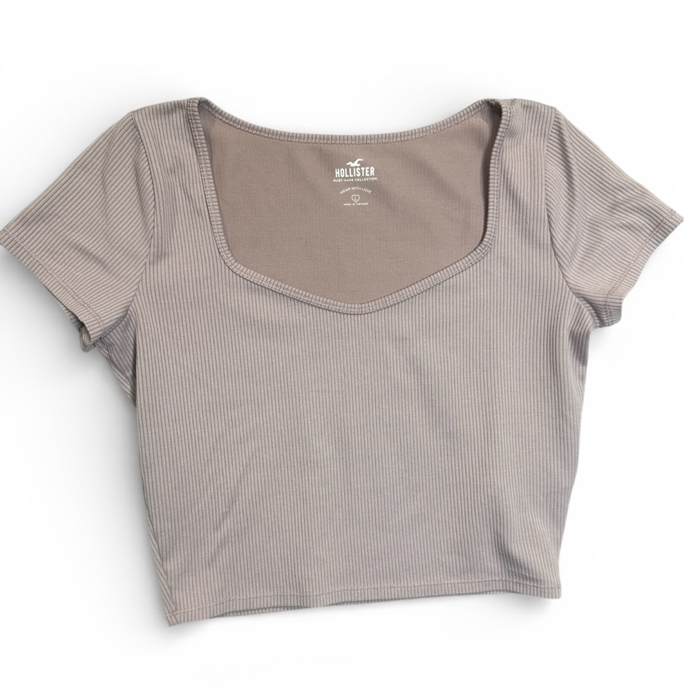 💜 Hollister Ribbed Crop Top Neutral Taupe Square Neck Stretch Tee L‎